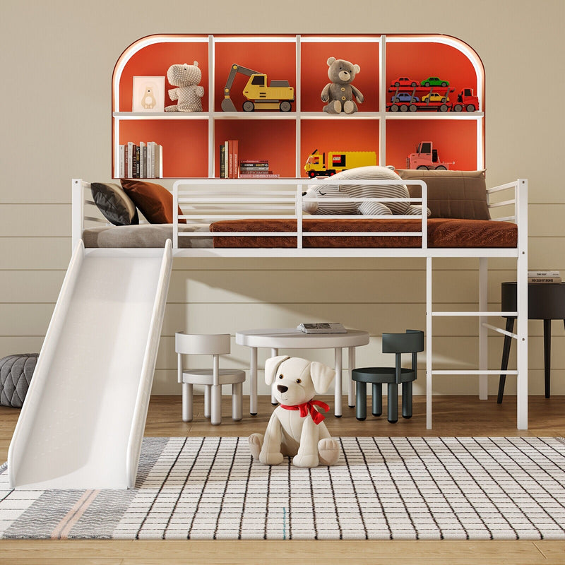 Jaya Twin Size Metal Loft Bed with Slide and Guardrails - White - Seasonal Overstock