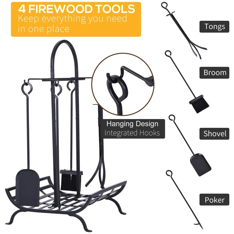 Classic Black Basket and Handle Firewood Rack Log Holder with 4pc Tool Kit - Seasonal Overstock