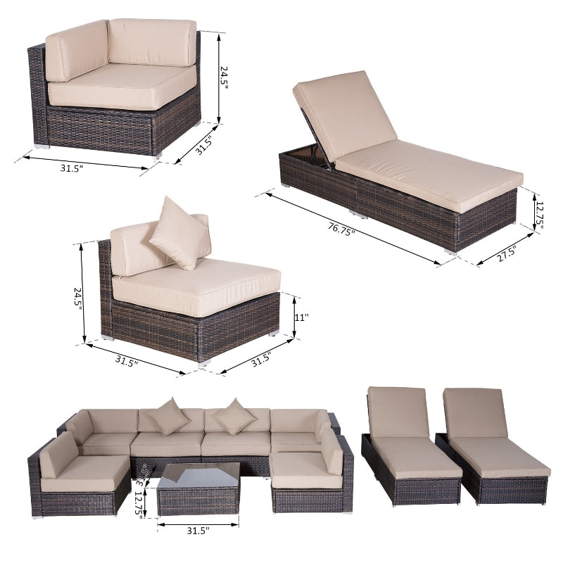 Placid Peak Modular Outdoor Patio Sectional Sofa, Loungers and Table 9pc Set - Beige / Mixed Brown