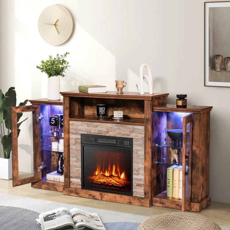 Townes Fireplace TV Stand with 16-Colour LED Backlights for TVs Up To 65-in - Rustic Brown - Seasonal Overstock