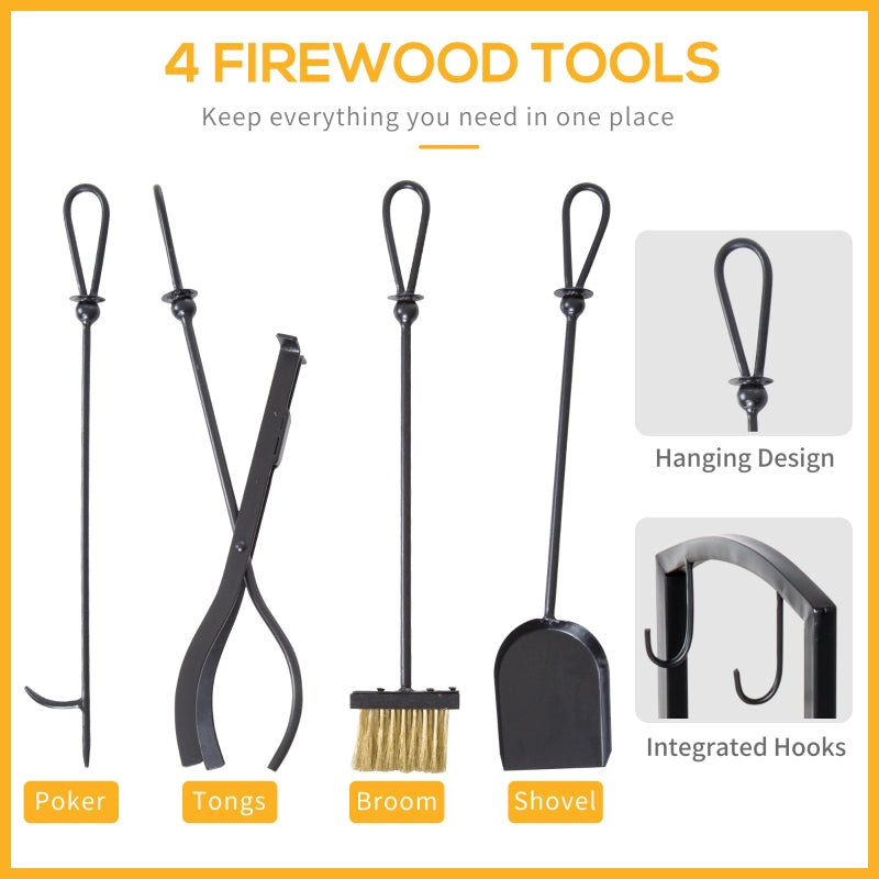 2-Tier Black Firewood Rack Log Holder with 4pc Tool Set - Seasonal Overstock