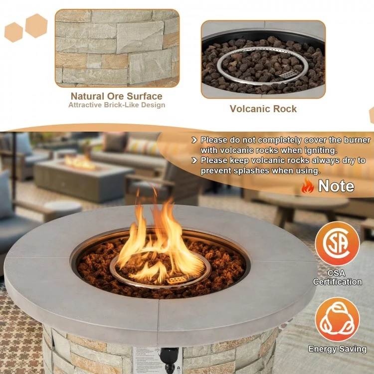 Paras 36" Round Grey Faux Stone LP Fire Table with Lava Rocks and Cover - 50,000 BTU - Seasonal Overstock