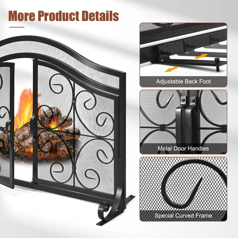 Arched Top Black Fireplace Screen with 2 Magnetic Doors - Seasonal Overstock