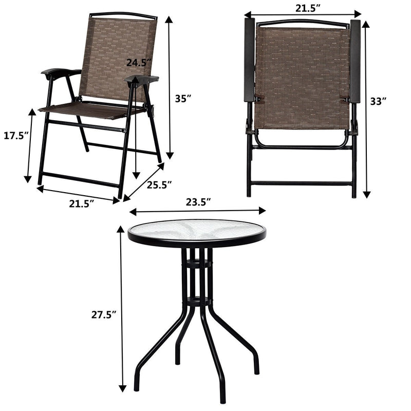 Bryce 3pc Outdoor Brown Bistro Set with Table and 2 Folding Chairs - Seasonal Overstock