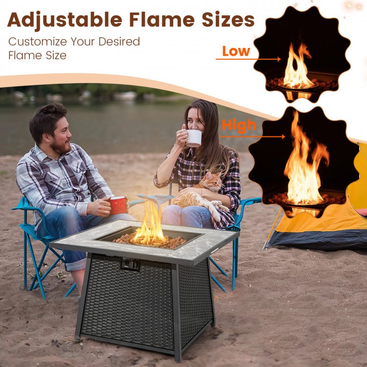 Nuria 35" Square Rattan Wicker Propane Fire Table with Marble Top and Cover - 50,000 BTU - Seasonal Overstock