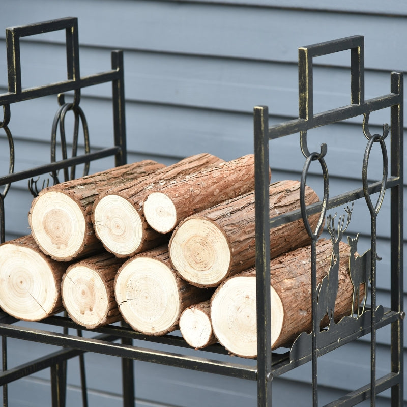 Two Level Rustic Gold Log Holder Firewood Rack with 4pc Tool Set - Seasonal Overstock