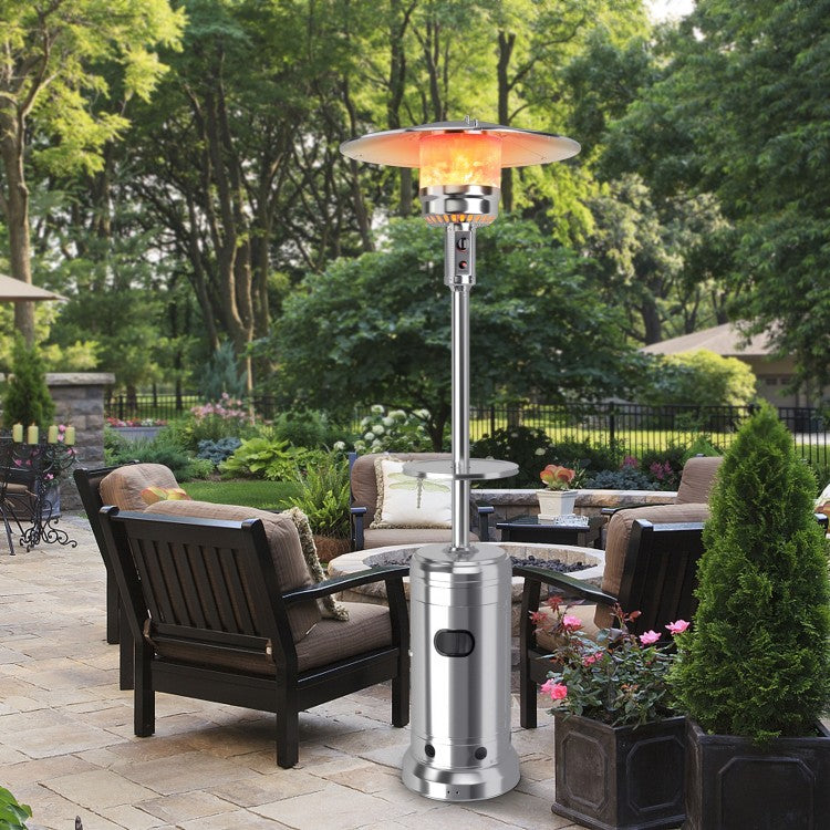 48,000 BTU Outdoor Standing Propane Patio Heater with Table and Wheels - Silver - Seasonal Overstock