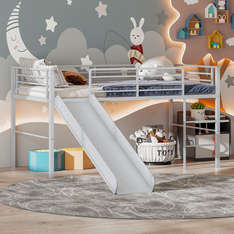 Jaya Twin Size Metal Loft Bed with Slide and Guardrails - Grey - Seasonal Overstock