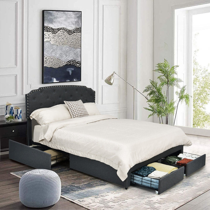 Ciara Full Size Button Tufted Low Profile Platform Bed with Storage Drawers - Seasonal Overstock