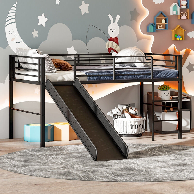 Jaya Twin Size Metal Loft Bed with Slide and Guardrails - Black - Seasonal Overstock