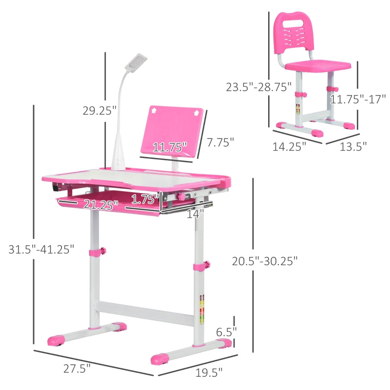 Kids Desk and Chair Set with Adjustable Height & LED Lamp - Pink - Seasonal Overstock
