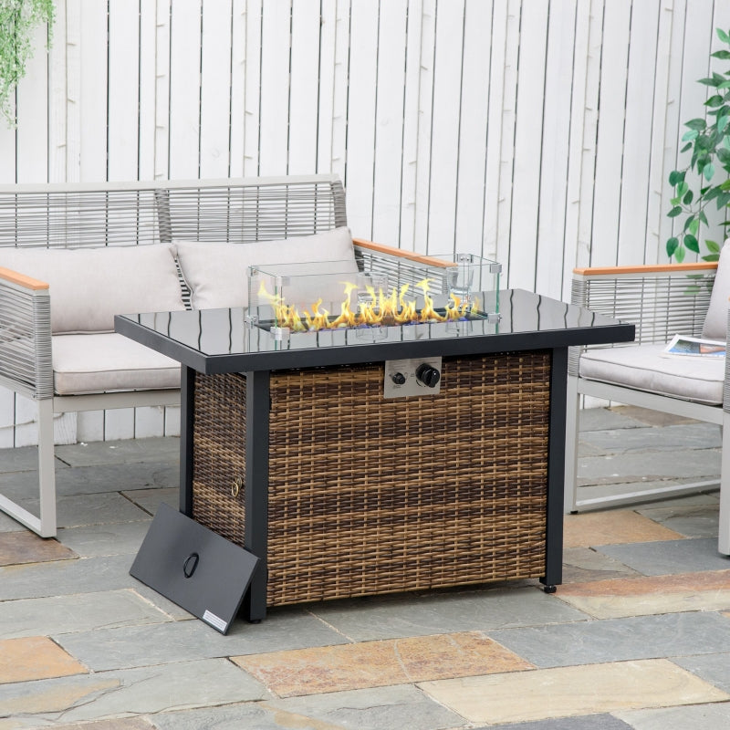 50,000 BTU Propane Fire Table Brown Rattan with Glass Cover - Seasonal Overstock