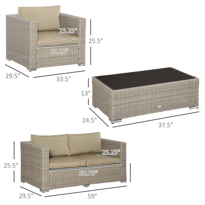 Amity 4-Peice Outdoor Rattan Wicker Sofa, Chair & Table Set - Khaki Beige - Seasonal Overstock