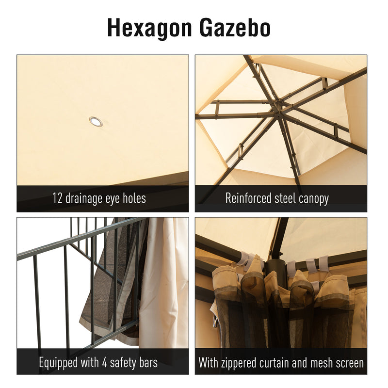 Rokuro 13' x 13' Hexagonal Gazebo with Beige Canopy - Seasonal Overstock