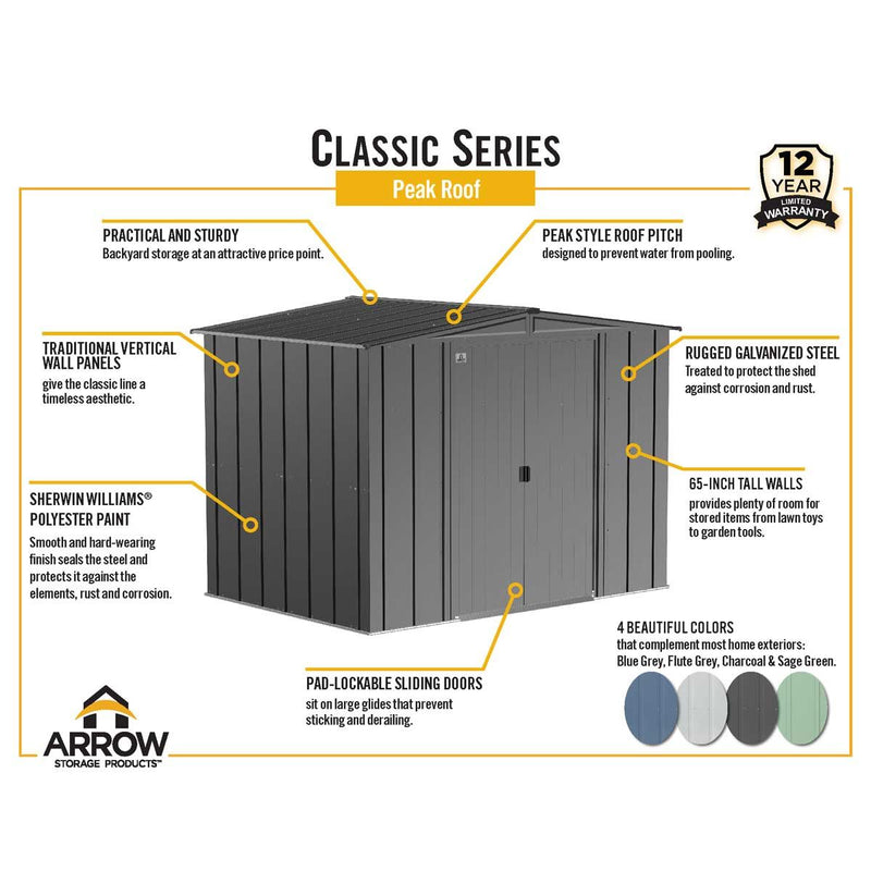 8' x 8' Arrow Classic Steel Storage Shed - Flute Grey - Seasonal Overstock