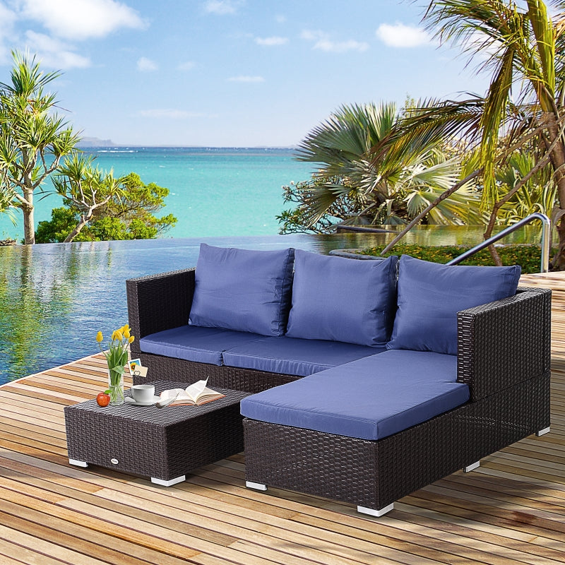 Lana 3pc Outdoor Rattan Sofa Sectional and Table - Blue - Seasonal Overstock