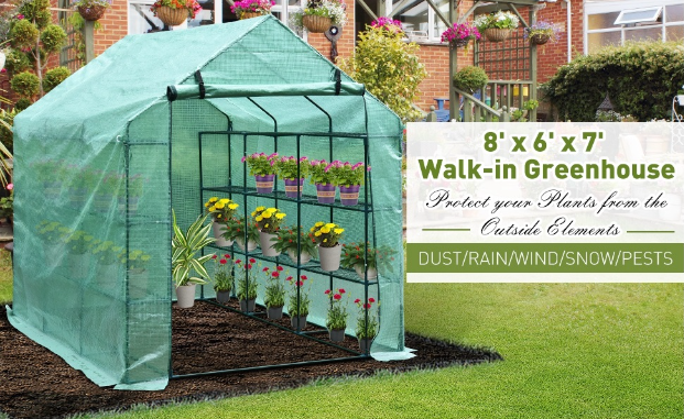 8 x 6 x 7ft Walk-In Soft Cover Greenhouse with Shelves - Seasonal Overstock