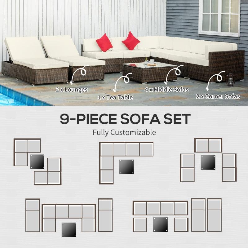 Placid Peak Modular Outdoor Patio Sectional Sofa, Loungers and Table 9pc Set - Cream White / Mixed Brown