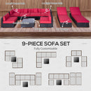 Placid Peak Modular Outdoor Patio Sectional Sofa, Loungers and Table 9pc Set - Red / Dark Brown