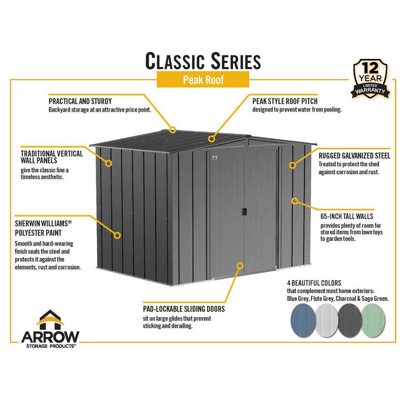 8' x 6' Arrow Classic Steel Storage Shed - Flute Grey - Seasonal Overstock