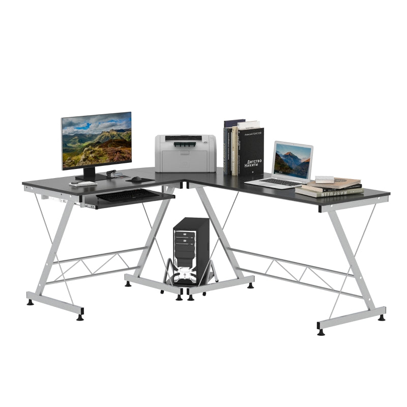 Logan L-Shaped Black and Silver Corner Desk with Sliding Keyboard Tray - Seasonal Overstock