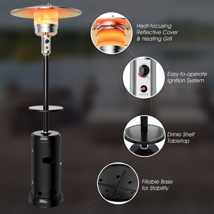 48,000 BTU Outdoor Standing Propane Patio Heater with Table and Wheels - Black - Seasonal Overstock