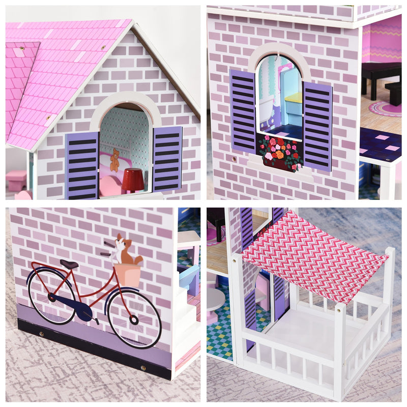 3-Tier Furnished Dollhouse with Balcony - Seasonal Overstock