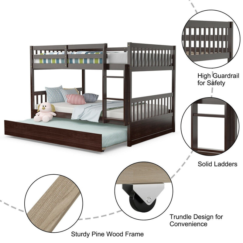 Chandler Full Over Full Wood Bunk Bed with Trundle Bed - Brown - Seasonal Overstock