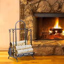 Classic Black Basket and Handle Firewood Rack Log Holder with 4pc Tool Kit - Seasonal Overstock
