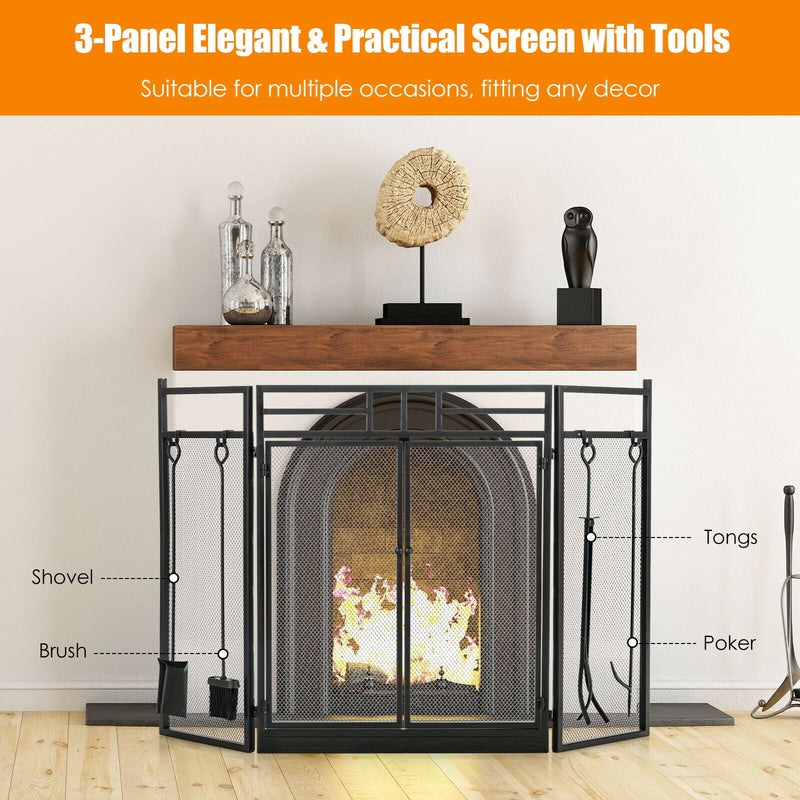 3-Panel Hand Forged Wrought Iron Fireplace Screen with 4pc Tool Set - Seasonal Overstock