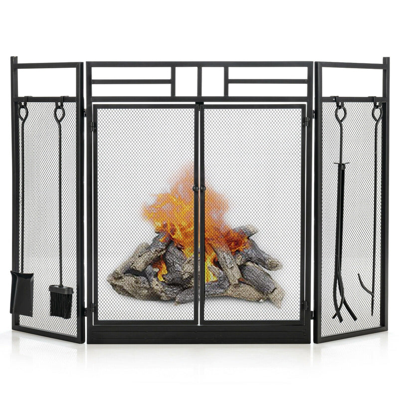 3-Panel Hand Forged Wrought Iron Fireplace Screen with 4pc Tool Set - Seasonal Overstock
