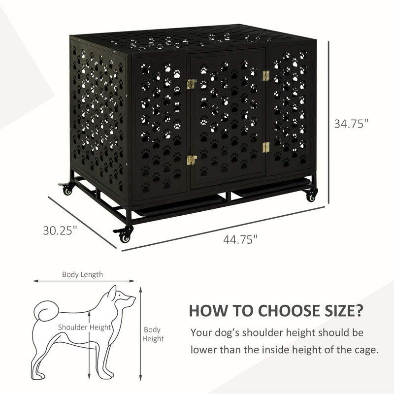 45" Paw Pattern Steel Dog Crate with Castors - Seasonal Overstock