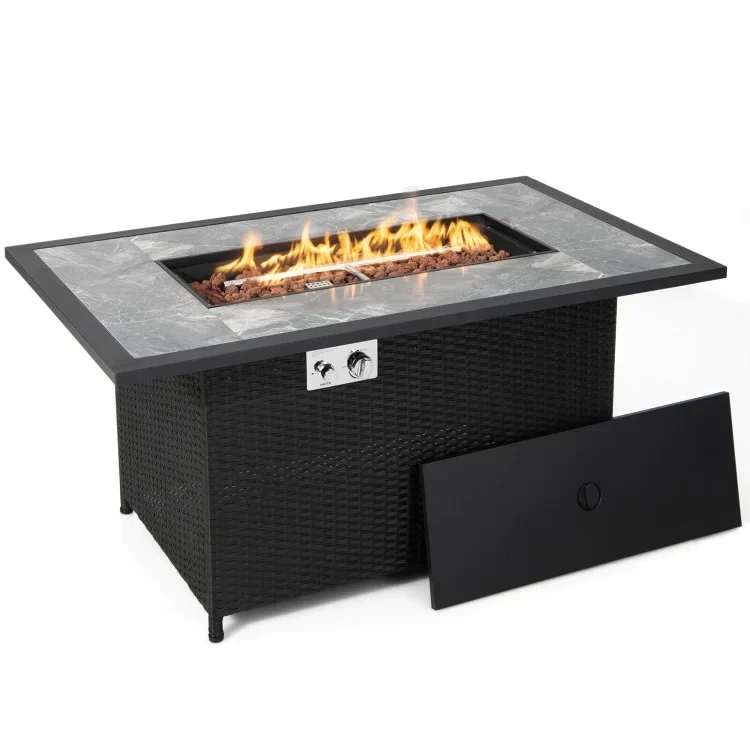 Branton 52" 50,000BTU Black Rattan Wicker Propane Fire Table with Lava Rocks and Cover - Seasonal Overstock