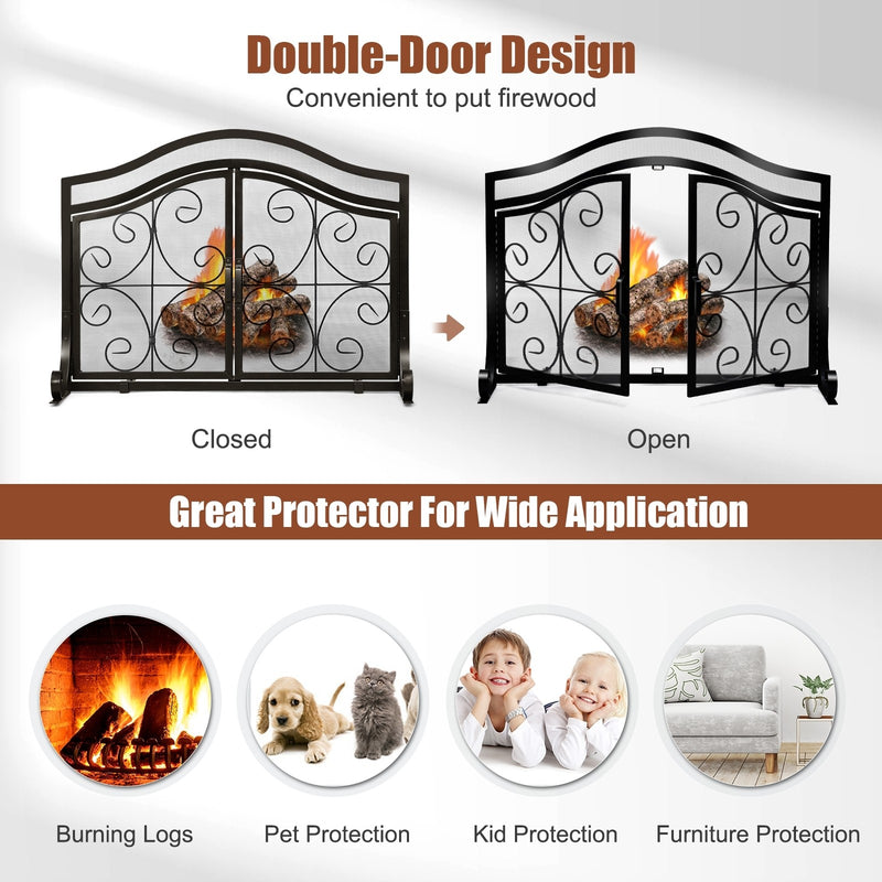 Arched Top Black Fireplace Screen with 2 Magnetic Doors - Seasonal Overstock