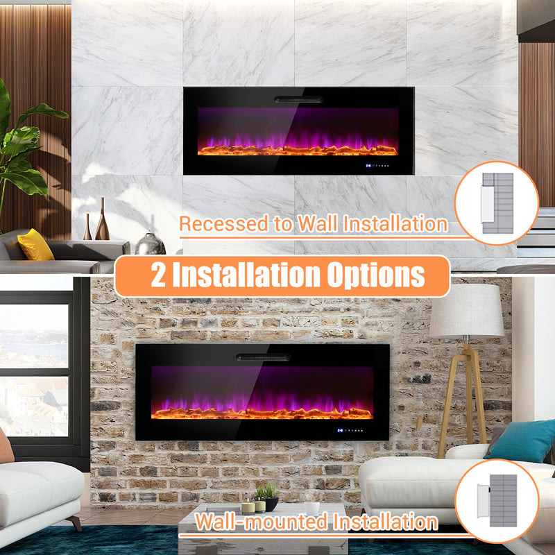 50" Wall Mounted Recessed Electric Fireplace with Crystal & Log - Seasonal Overstock