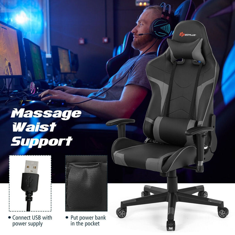 Lucas High-Back Gaming Chair with Massage - Grey - Seasonal Overstock