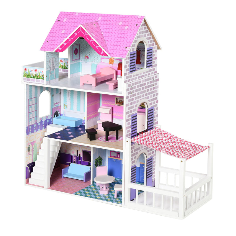 3-Tier Furnished Dollhouse with Balcony - Seasonal Overstock