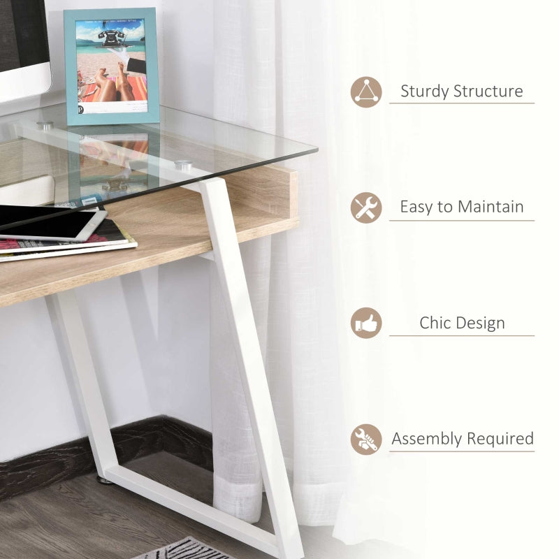 Cosmo Modern Glass Top Desk with Shelf In Oak and White Finish - Seasonal Overstock