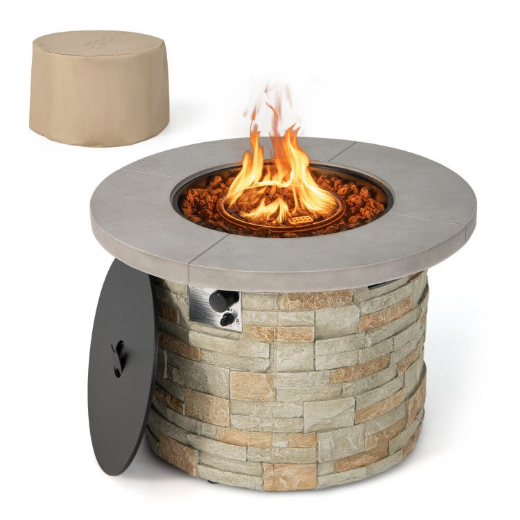 Paras 36" Round Grey Faux Stone LP Fire Table with Lava Rocks and Cover - 50,000 BTU