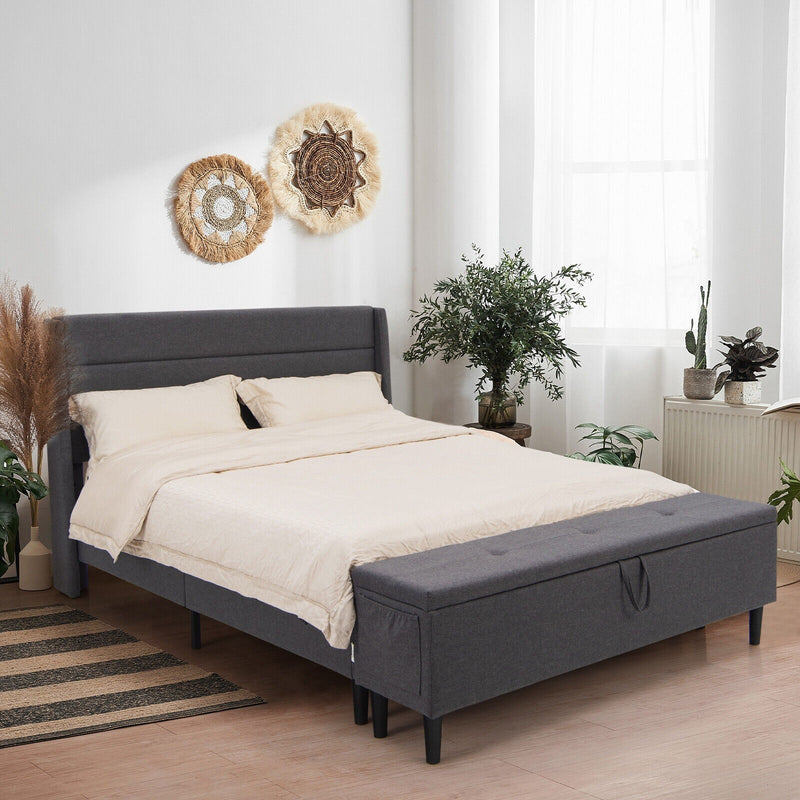 Karson Queen Size Grey Upholstered Platform Bed with Storage Bench - Seasonal Overstock