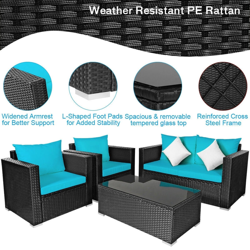 Madison 4pc Outdoor Rattan Patio Sofa Chair and Table Set - Turquoise - Seasonal Overstock