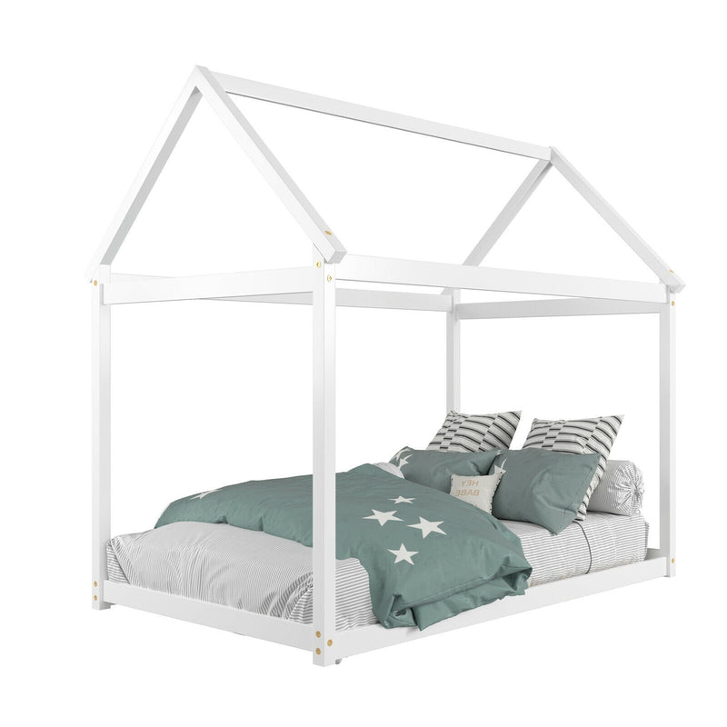 Xavier House Shaped Twin Size Wood Canopy Platform Bed - White - Seasonal Overstock