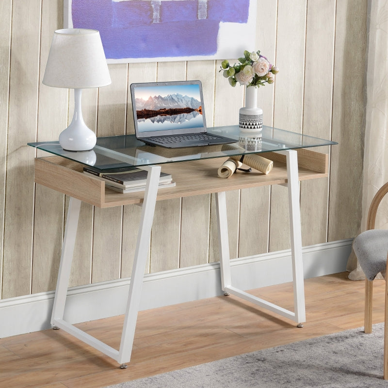 Cosmo Modern Glass Top Desk with Shelf In Oak and White Finish - Seasonal Overstock