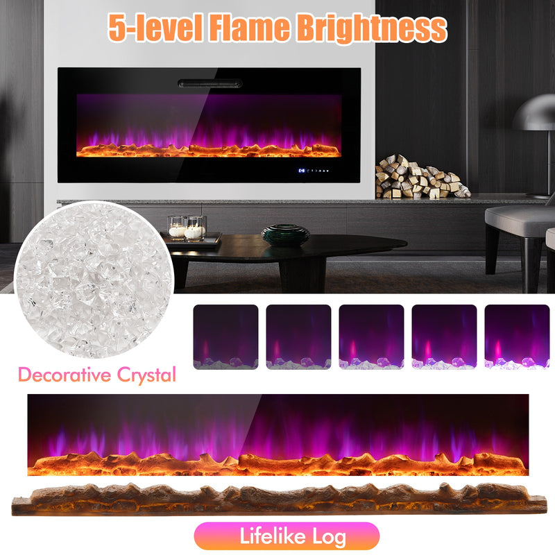50" Wall Mounted Recessed Electric Fireplace with Crystal & Log - Seasonal Overstock
