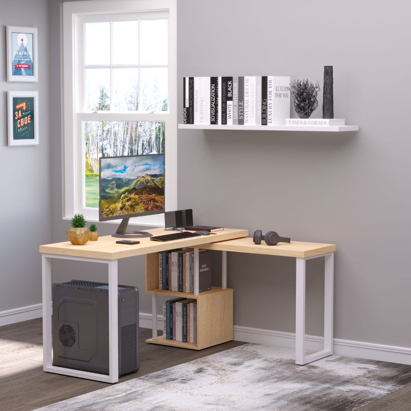 Libra Multi-Configuration Corner Desk with Shelves in Oak and White - Seasonal Overstock