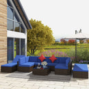 Placid Peak Modular Outdoor Patio Sectional Sofa, Loungers and Table 9pc Set - Navy Blue / Brown