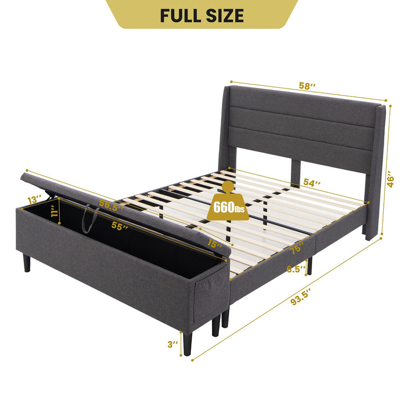 Karson Full Size Grey Upholstered Platform Bed with Storage Bench - Seasonal Overstock