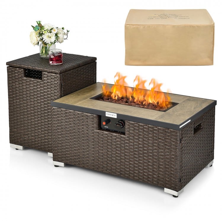 Theros Two Piece Brown Rattan Wicker 32" x 20" Fire Table Set with Cover - Seasonal Overstock