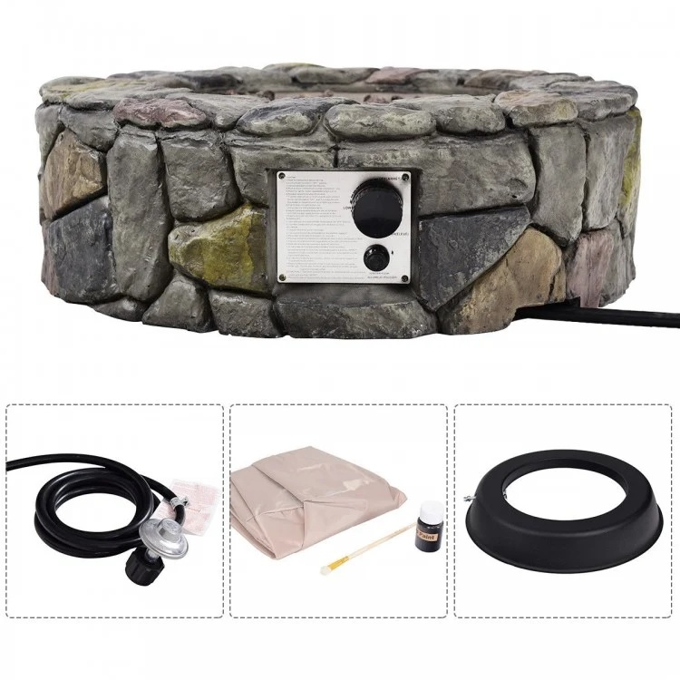 Faron 28" Round 40,000 BTU Faux Stone LP Fire Pit with Lava Rocks and Cover - Grey