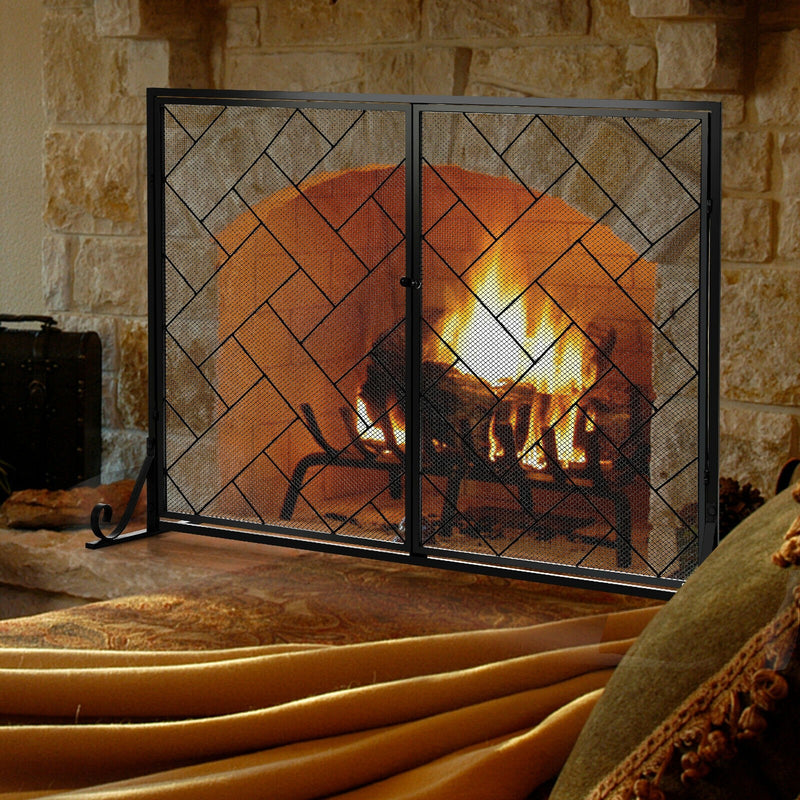 45" Black Wrought Iron Fireplace Screen with 2 Doors - Seasonal Overstock